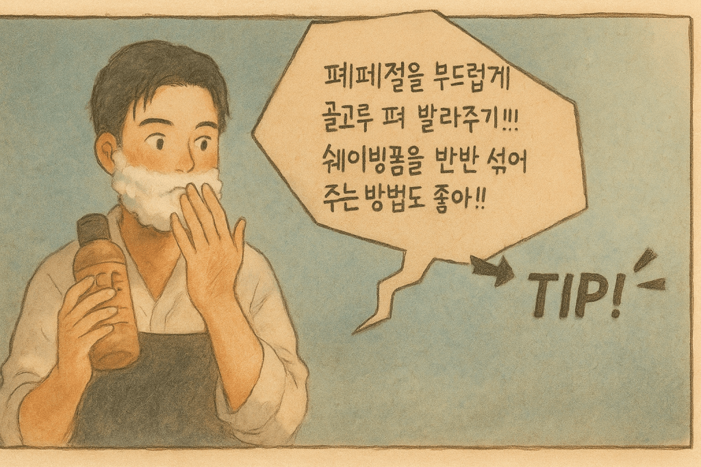 남성이 면도 전, 페페젤을 쉐이빙폼과 함께 사용하는 팁을 설명하는 감성 일러스트. “페페젤을 부드럽게 고루 펴 바르기! 쉐이빙폼을 반반 섞어도 좋아!”라는 문구가 말풍선에 삽입되어 있음.